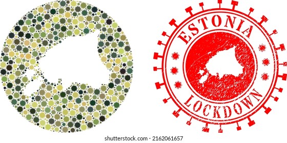 Vector collage Estonia map of SARS virus items and grunge LOCKDOWN seal. Mosaic geographic Estonia map constructed as carved shape from round shape with sars virus icons in camouflage army color hues.