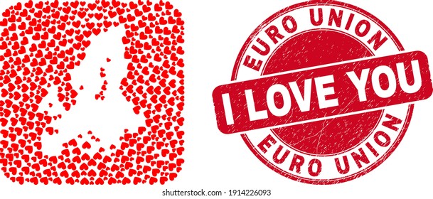 Vector collage Euro Union map of lovely heart elements and grunge love seal stamp. Mosaic geographic Euro Union map created as carved shape from rounded square shape with lovely hearts.