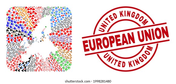 Vector collage Euro Union map of different symbols and United Kingdom European Union badge. Mosaic Euro Union map created as carved shape from rounded square shape.