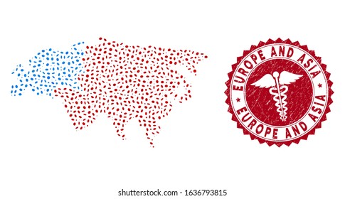 Vector collage Europe and Asia map and red round corroded stamp watermark with clinic sign. Europe and Asia map collage designed with elliptic items. Red rounded clinic stamp, with dirty texture.