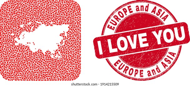 Vector collage Europe and Asia map of love heart items and grunge love badge. Collage geographic Europe and Asia map constructed as carved shape from rounded square shape using love hearts.