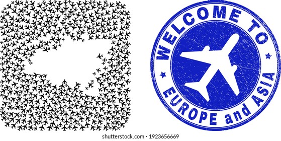 Vector collage Europe and Asia map of tourism items and grunge Welcome stamp. Collage geographic Europe and Asia map designed as hole from rounded square shape using air tourism.
