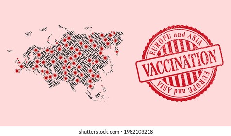 Vector collage Europe and Asia map of corona virus, vaccine icons, and red grunge vaccination seal stamp. Virus elements and vaccination items inside Europe and Asia map.