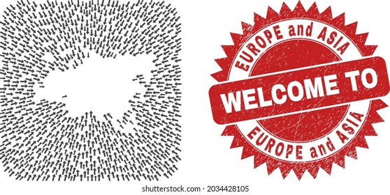 Vector collage Europe and Asia map of delivery arrows and rubber Welcome seal stamp. Collage geographic Europe and Asia map created as hole from rounded square with motion arrows.