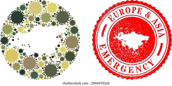 Collage de vectores Mapa de Europa y Asia de íconos del virus de la gripe y sello de sellado de EMERGENCIA grunge.