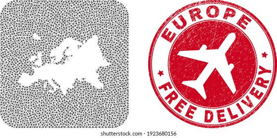Vector collage Europe map of air plane items and grunge Free Delivery seal. Collage geographic Europe map designed as subtraction from rounded square with flying out air force symbols.
