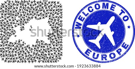 Vector collage Europe map of airplane elements and grunge Welcome stamp. Collage geographic Europe map created as subtraction from rounded square shape with air jorneys.