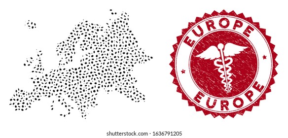 Vector collage Europe map and red rounded grunge stamp seal with clinic icon. Europe map collage designed with ellipse items. Red rounded caduceus seal stamp, with dirty texture.