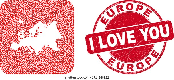 Vector collage Europe map of valentine heart items and grunge love seal stamp. Mosaic geographic Europe map designed as hole from rounded square shape with love hearts.