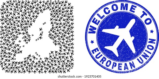 Vector collage European Union map of air plane elements and grunge Welcome seal stamp. Collage geographic European Union map created as stencil from rounded square shape with air jorneys.