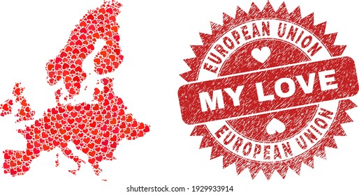 Vector collage European Union map of valentine heart elements and grunge My Love seal stamp. Collage geographic European Union map constructed with valentine hearts.