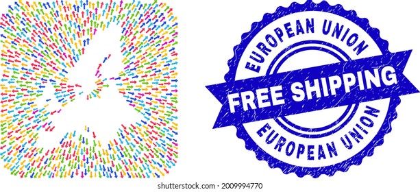 Vector collage European Union map of away arrows and rubber Free Shipping stamp. Collage European Union map designed as carved shape from rounded square with movement arrows.