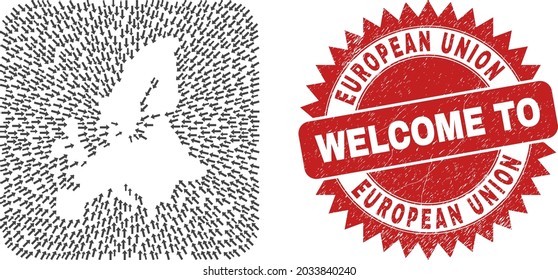 Vector collage European Union map of moving arrows and rubber Welcome stamp. Mosaic geographic European Union map designed as subtraction from rounded square shape with moving arrows.
