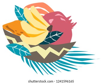 Vector collage of exotic fruits and plants in naive Hawaii style. Hand drawn trendy illustration.