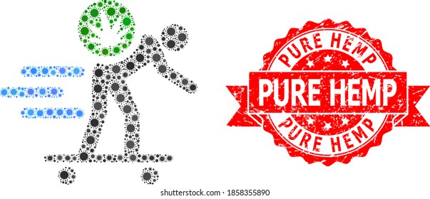 Vector collage express cannabis courier of covid-2019 virus, and Pure Hemp dirty ribbon seal. Virus cells inside express cannabis courier collage. Red stamp seal includes Pure Hemp tag inside ribbon.