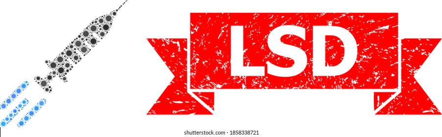 Vektorgrafik-Sammler Expressimpfung des Grippevirus und Lsd schmutzige Bandstempel. Viruszellen in exprimierter Impfstoffcollage. Der rote Stempel enthält den Titel Lsd in der Schleife.