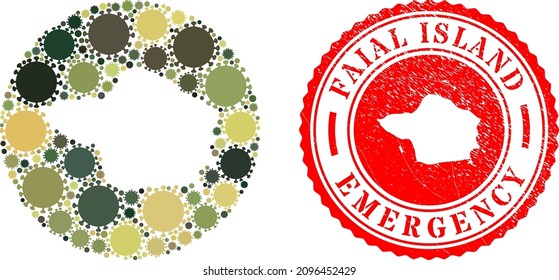 Collage vectorial Faial Island mapa de los elementos del virus del cóvido y el sello del sello de EMERGENCIA grunge.