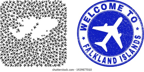 Vector collage Falkland Islands map of airline items and grunge Welcome badge. Collage geographic Falkland Islands map created as carved shape from rounded square shape with sky jets.