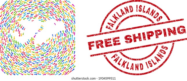 Vektorgrafik Falklandinseln Karte der Bewegungspfeile und Gummi Free Shipping Robbe. Collage geographische Falklandinseln Karte mit bunten Pfeilen innerhalb von abgerundeten Quadrat-Schablonen.