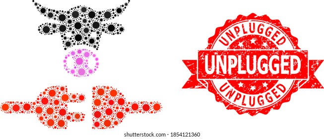 Vector collage farm power supply of SARS virus, and Unplugged dirty ribbon stamp seal. Virus items inside farm power supply mosaic. Red stamp seal contains Unplugged tag inside ribbon.