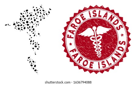 Vector collage Faroe Islands map and red rounded rubber stamp seal with doctor symbol. Faroe Islands map collage constructed with ellipse spots. Red round medicine seal stamp, with dirty texture.