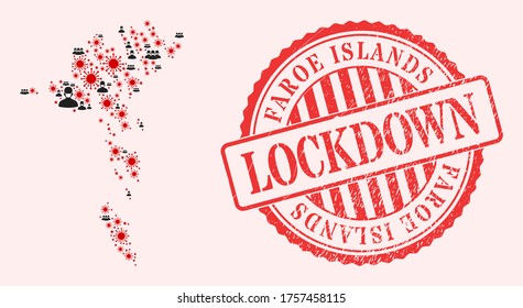 Vector collage Faroe Islands map covid  2019 virus  masked men   red grunge lockdown seal stamp  Virus items   men in masks inside Faroe Islands map 