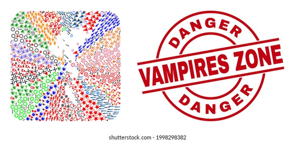 Vector collage Faroe Islands map of different icons and Danger Vampires Zone seal stamp. Collage Faroe Islands map constructed as carved shape from rounded square shape.