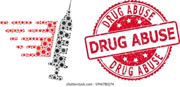 Vector collage fast vaccination of flu virus items, and Drug Abuse corroded round seal. Virus items inside fast vaccination mosaic. Red seal has Drug Abuse caption inside.