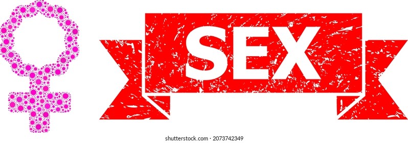 Vector collage female cell symbol of SARS virus, and Sex grunge ribbon stamp seal. Virus items inside female cell symbol mosaic. Red stamp seal contains Sex title inside ribbon.