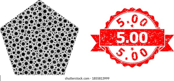 Pentágono colgante vectorial lleno de virus de la gripe y sello de 5.00 cintas rasgadas. Elementos del virus dentro del collage del pentágono relleno. El sello rojo incluye 5,00 subtítulos dentro de la cinta.