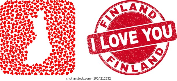 Vector collage Finland map of love heart elements and grunge love stamp. Collage geographic Finland map created as carved shape from rounded square with love hearts.