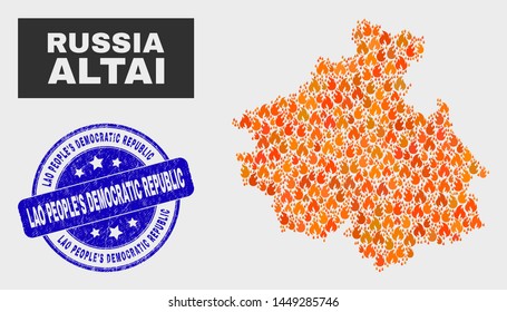 Vector collage of fire Altai Republic map and blue round textured Lao People'S Democratic Republic seal stamp. Orange Altai Republic map mosaic of flame elements.