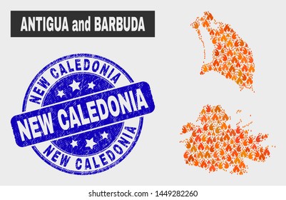 Vector collage of fire Antigua and Barbuda map and blue rounded scratched New Caledonia seal stamp. Orange Antigua and Barbuda map mosaic of flame elements. Vector collage for guard services,