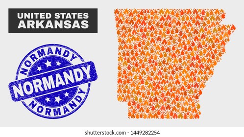 Vector collage of fire Arkansas State map and blue rounded textured Normandy seal stamp. Fiery Arkansas State map mosaic of fire items. Vector collage for insurance services, and Normandy seal stamp.