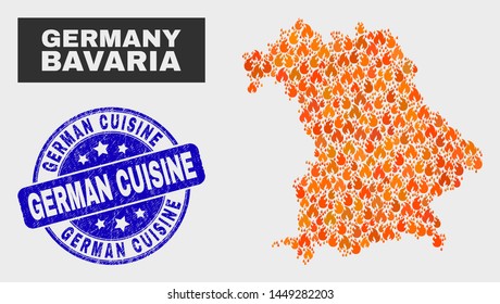 Vector collage of fire Bavaria Land map and blue round scratched German Cuisine seal. Fiery Bavaria Land map mosaic of fire icons. Vector combination for fire protection services,