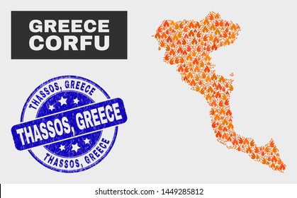 Vector collage of fire Corfu Island map and blue round grunge Thassos, Greece stamp. Orange Corfu Island map mosaic of fire symbols. Vector collage for fire protection services, and Thassos,
