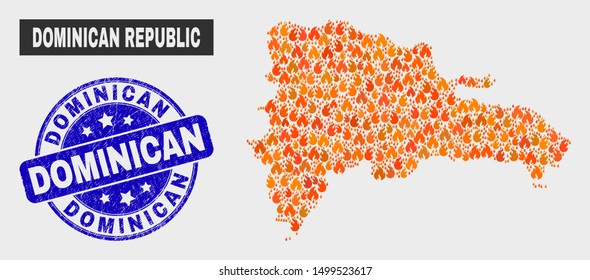 Vector collage of fire Dominican Republic map and blue round grunge Dominican seal. Orange Dominican Republic map mosaic of flame icons. Vector collage for safety services, and Dominican seal stamp.