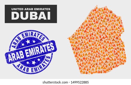 Vector collage of fire Dubai Emirate map and blue round scratched Arab Emirates seal. Orange Dubai Emirate map mosaic of fire items. Vector combination for emergency services,