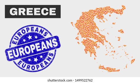 Vector collage of fire Greece map and blue rounded scratched Europeans seal. Fiery Greece map mosaic of fire elements. Vector composition for safety services, and Europeans seal stamp.