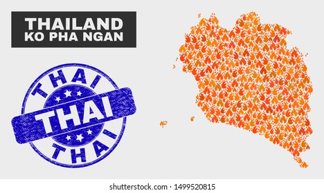 Vector collage of fire Ko Pha Ngan map and blue round grunge Thai stamp. Fiery Ko Pha Ngan map mosaic of fire symbols. Vector composition for fire protection services, and Thai stamp.