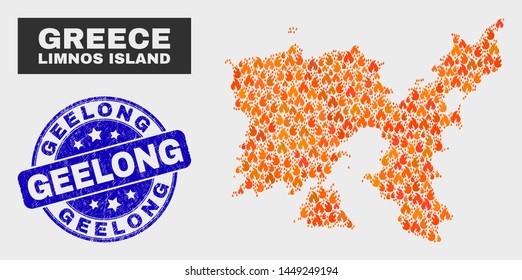 Vector collage of fire Limnos Island map and blue round textured Geelong seal. Fiery Limnos Island map mosaic of wildfire symbols. Vector collage for safety services, and Geelong seal stamp.