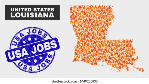 Vector collage of fire Louisiana State map and blue rounded scratched USA Jobs stamp. Orange Louisiana State map mosaic of fire elements. Vector combination for emergency services, and USA Jobs stamp.