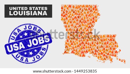 Vector collage of fire Louisiana State map and blue rounded scratched USA Jobs stamp. Orange Louisiana State map mosaic of fire elements. Vector combination for emergency services, and USA Jobs stamp.