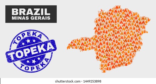 Vector collage of fire Minas Gerais State map and blue rounded distress Topeka watermark. Fiery Minas Gerais State map mosaic of wildfire elements. Vector collage for fire protection services,