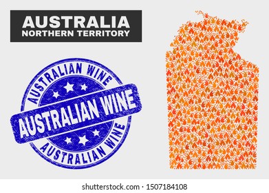Vector collage of fired Australian Northern Territory map and blue round textured Australian Wine seal. Orange Australian Northern Territory map mosaic of fire items.