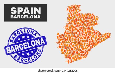 Vector collage of fired Barcelona Province map and blue round scratched Barcelona watermark. Fiery Barcelona Province map mosaic of fire icons. Vector collage for insurance services,