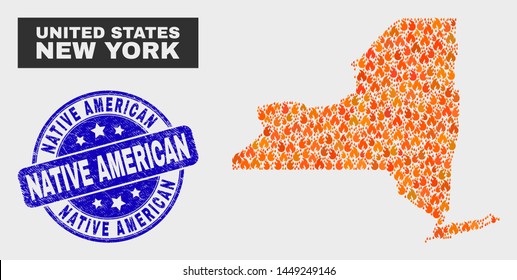 Vector collage of fired New York State map and blue rounded textured Native American seal stamp. Fiery New York State map mosaic of flame symbols. Vector combination for insurance services,