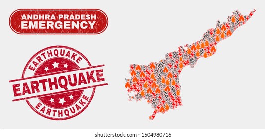 Vector collage of firestorm Andhra Pradesh State map and red rounded scratched Earthquake seal. Emergency Andhra Pradesh State map mosaic of fire, electric hazard items.