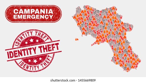 Vector collage of firestorm Campania region map and red round scratched Identity Theft seal stamp. Emergency Campania region map mosaic of destruction, electric lightning icons.
