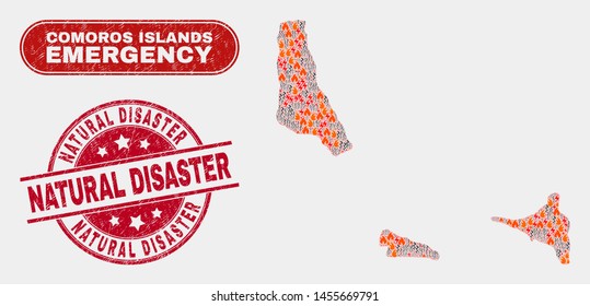 Vector collage of firestorm Comoros Islands map and red round scratched Natural Disaster stamp. Emergency Comoros Islands map mosaic of flame, energy lightning icons.